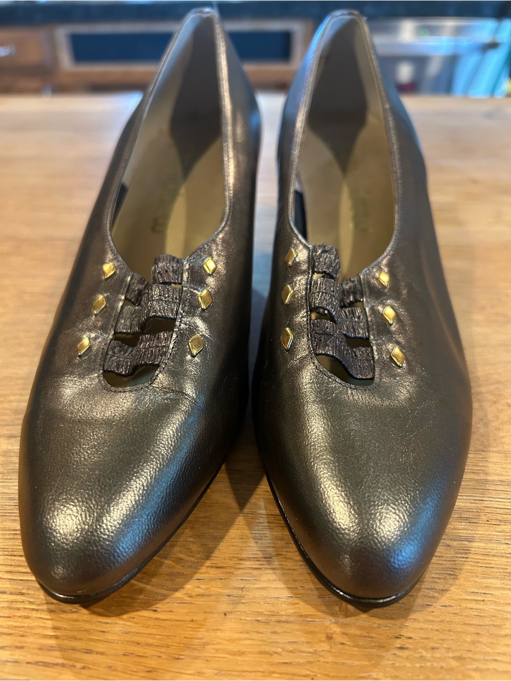 Women's Black Leather Pointed-Toe Heels with Decorative Stud Detail